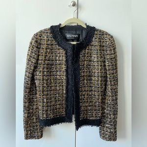Balmain Black and Gold Sequin Embellished Cropped Tweed Jacket